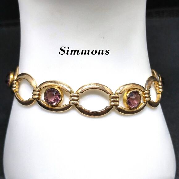 Vintage Simmons Bracelet Purple Glass Gold Tone Links 1920 1940 Egyptian Revival - Picture 1 of 10